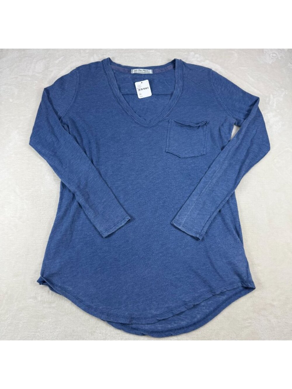 NWT Free People We The Free Long Sleeve V neck T Shirt Blue Relaxed Womens M Poc